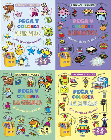 PEGA Y COLOREA I C/STICKERS 4 TITULOS